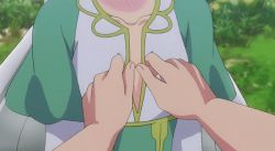 Rule 34 | 2girls, animated, animated gif, anime screenshot, bouncing breasts, breast focus, breasts, collarbone, dress, futoku no guild, green dress, hitamu kyan, long sleeves, maidena angers, multiple girls, nipples, open clothes, open dress, small breasts, undressing another, yuri