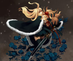 Rule 34 | 1girl, black thighhighs, blonde hair, blue flower, blue rose, bonjour, crown, female focus, fire emblem, fire emblem: genealogy of the holy war, flower, full body, gradient background, lachesis (fire emblem), lion, long hair, nature, nintendo, red eyes, ribbon, robe, rose, solo, sword, thighhighs, weapon