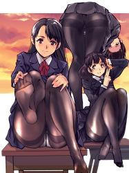 Rule 34 | 3girls, ass, black hair, black jacket, black legwear, black skirt, blue jacket, blue skirt, blunt bangs, bow, bowtie, breasts, brown eyes, brown hair, buttons, commentary request, double-breasted, grey jacket, grey skirt, highres, jacket, kamisimo 90, long hair, looking at viewer, looking back, medium breasts, multiple girls, original, panties, panties under pantyhose, pantyhose, pleated skirt, presenting, red bow, red neckwear, school uniform, shirt, simple background, skirt, smile, spread legs, thighband pantyhose, thighs, tights day, underwear, uniform, white panties, white shirt