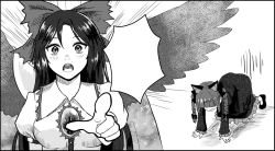 Rule 34 | 2girls, all fours, animal ears, bow, braid, cape, cat ears, foreshortening, greyscale, hair bow, hoshiringo0902, kaenbyou rin, long hair, looking at viewer, monochrome, multiple girls, pointing, pointing at viewer, reiuji utsuho, third eye, touhou, twin braids, wings