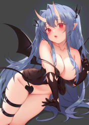 Rule 34 | 1girl, babydoll, belt, belt buckle, black babydoll, black belt, black gloves, blue hair, blush, bottomless, breasts, buckle, cleavage, collarbone, commentary request, demon tail, fangs, gloves, hair between eyes, hair intakes, hair ornament, hair over breasts, head tilt, highres, horns, large breasts, legs together, navel, oni horns, open mouth, original, pointy ears, red eyes, simple background, skindentation, solo, strap slip, tail, tail censor, thigh strap, thighs, two side up, wings, zhaofeng yinyue