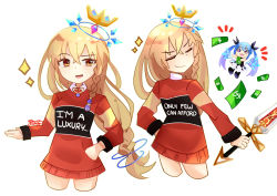 Rule 34 | 2girls, alternate costume, artist name, banknote, blonde hair, braid, brown eyes, cheekama (neptunia), chibi, closed eyes, clothes writing, commentary, crown, crystal, dress, english text, fairy, fairy wings, gradient hair, hair between eyes, hair ornament, hair ribbon, halo, hand in pocket, highres, holding, holding sword, holding weapon, long hair, million arthur (neptunia), million arthur (series), money, multicolored hair, multiple girls, neptune (series), no pants, open mouth, ribbon, ring hair ornament, shin jigen game neptune vii, simple background, smile, smirk, smug, sparkle, star-shaped pupils, star (symbol), sweater, sword, symbol-shaped pupils, throwing, throwing money, weapon, white background, wings, yitsune melody