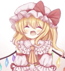 Rule 34 | 1girl, :d, ^ ^, adapted costume, bare shoulders, blonde hair, blush, bow, closed eyes, crystal, detached sleeves, fang, flandre scarlet, frilled shirt collar, frills, hair between eyes, happy, hat, hat bow, long hair, mob cap, one side up, open mouth, red bow, simple background, smile, solo, touhou, upper body, white background, white hat, wings, yuzu shino (bon2rose)