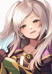 Rule 34 | 1girl, black gloves, black robe, blush, book, brown eyes, collarbone, commentary request, fire emblem, fire emblem awakening, gloves, gold trim, highres, holding, holding book, hood, hood down, hooded robe, long hair, long sleeves, looking at viewer, lower teeth only, nakabayashi zun, nintendo, open book, open mouth, robe, robin (female) (fire emblem), robin (fire emblem), simple background, smile, solo, swept bangs, teeth, twintails, white background, white hair