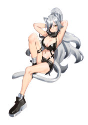 Rule 34 | 1girl, absurdres, animal ear fluff, animal ears, arknights, armpits, arms behind head, arms up, black bra, black footwear, black scarf, black scrunchie, black shorts, boots, bra, breasts, cat ears, cat girl, cat tail, cleavage, closed mouth, eyes visible through hair, floating hair, full body, gdd (vkejr702), hair between eyes, hair ornament, hair over one eye, hair scrunchie, high ponytail, highres, long hair, medium breasts, navel, scarf, schwarz (arknights), scrunchie, short shorts, shorts, sideboob, silver hair, simple background, sitting, solo, tail, thigh strap, underwear, very long hair, white background, yellow eyes