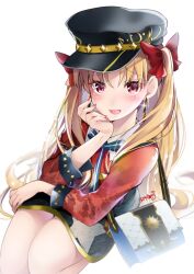 Rule 34 | 1girl, akatsuki hijiri, bag, black hat, black skirt, blonde hair, blush, bow, bowtie, commentary request, earrings, ereshkigal (fate), ereshkigal (under the same sky) (fate), fate/grand order, fate (series), glint, hair bow, hair ribbon, hair spread out, hand on own chin, handbag, hat, highres, jewelry, long hair, long sleeves, looking at viewer, nail polish, open mouth, peaked cap, red bow, red eyes, red nails, red shirt, ribbon, shirt, simple background, skirt, smile, solo, star (symbol), two side up, very long hair, white background