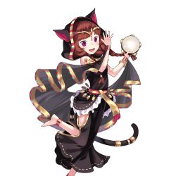 Rule 34 | 1girl, :d, animal ears, animal hood, anklet, arabian clothes, armlet, bare shoulders, barefoot, black dress, blush, bracelet, braid, breasts, brown hair, cat ears, cat hood, cat tail, circlet, dress, fake animal ears, forehead jewel, frills, from side, front braid, full body, gem, hair over shoulder, hair tie, hands up, happy, hip vent, holding, holding instrument, hood, instrument, jewelry, leg lift, leg up, long hair, looking at viewer, looking back, manekohime wenzudei, official art, open mouth, parted bangs, pink eyes, purple eyes, red gemstone, ribbon-trimmed dress, ribbon trim, round teeth, sash, see-through, shawl, side slit, sleeveless, sleeveless dress, small breasts, smile, solo, standing, standing on one leg, striped, tail, tail ornament, tail ring, tambourine, teeth, transparent background, twin braids, uchi no hime-sama ga ichiban kawaii, vertical stripes, wednesday (uchi no hime-sama)