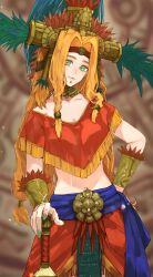 Rule 34 | 1girl, aztec, beads, blonde hair, bracer, breasts, chin piercing, fate/grand order, fate (series), green eyes, green nails, hair beads, hair ornament, headband, headdress, highres, jewelry, kdm (ke dama), large breasts, long hair, looking at viewer, macuahuitl, navel, poncho, quetzalcoatl (fate), smile, solo