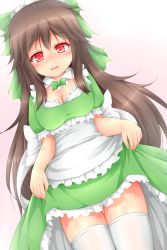 Rule 34 | 1girl, absurdres, akkii (meragold), alternate costume, apron, bad id, bad pixiv id, blush, bow, breasts, brown hair, cleavage, clothes lift, female focus, hair bow, highres, maid, maid apron, maid headdress, md5 mismatch, open mouth, red eyes, reiuji utsuho, skirt, skirt lift, smile, solo, thighhighs, third eye, touhou, weapon, wings