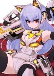 Rule 34 | 1girl, animal ears, bad id, bad tumblr id, black gloves, black thighhighs, blue hair, bodysuit, cat ears, closed mouth, closers, elbow gloves, fake animal ears, gloves, gun, hair between eyes, headgear, highres, holding, holding gun, holding weapon, j.k., long hair, looking at viewer, mecha musume, red eyes, rifle, sitting, solo, thighhighs, tina (closers), trigger discipline, tsurime, weapon
