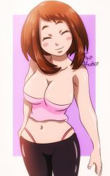 Rule 34 | 1girl, arm at side, armpits, artist name, bare shoulders, black pants, blush stickers, boku no hero academia, border, breasts, brown eyes, brown hair, cleavage, closed eyes, closed mouth, collarbone, eyelashes, female focus, fingernails, hand on own hip, happy, highres, legs together, medium breasts, medium hair, midriff, navel, neck, no bra, panties, pants, pink background, pink shirt, red panties, shiny clothes, shiny skin, shirt, sidelocks, simple background, smile, standing, strapless, strapless shirt, theafroboy, thong, tight clothes, tight pants, underwear, uraraka ochako, white border, yoga pants
