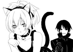 Rule 34 | 1boy, 1girl, animal ears, bell, blush, cat ears, cat tail, collar, darker than black, greyscale, hei (darker than black), jingle bell, kani biimu, looking at viewer, mask, monochrome, neck bell, paw pose, ribbon, short hair, simple background, tail, thumbs up, white background, yin (darker than black)