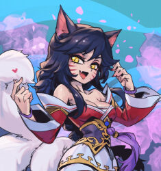 Rule 34 | 1girl, :d, ahri (league of legends), animal ears, bare shoulders, black hair, braid, breasts, cleavage, facial mark, fang, finger heart, fox ears, fox tail, green background, hands up, korean clothes, kyuubi, large breasts, league of legends, long hair, looking at viewer, multicolored background, multiple tails, open mouth, petals, phantom ix row, shiny skin, slit pupils, smile, solo, tail, whisker markings, yellow eyes