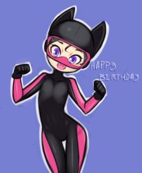 Rule 34 | 1girl, animal ears, black bodysuit, black gloves, black hair, blue background, bodysuit, cat ears, cat girl, diving mask, diving suit, drantyno, fangs, flat chest, gloves, goggles, happy birthday, looking at viewer, megu (ryuhi), open mouth, paw pose, purple eyes, smile, standing, wetsuit