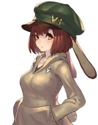 Rule 34 | 1girl, :o, animal ears, blush, bob cut, breasts, brown hair, carrot hair ornament, collarbone, etrian odyssey, eyebrows, female focus, food-themed hair ornament, green hat, hair ornament, hands in pocket, hat, highres, hood, hoodie, hound (sekaiju), long sleeves, looking at viewer, lop rabbit ears, rabbit ears, rabbit hair ornament, rabbit tail, sekaiju no meikyuu, sekaiju no meikyuu 5, short hair, simple background, solo, stitches, tail, takamine nadare, upper body, white background, yellow eyes