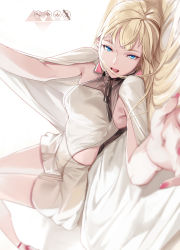 Rule 34 | 1girl, absurdres, armpit peek, blonde hair, blue eyes, breasts, dress, earrings, fingernails, gigi andalusia, gundam, gundam hathaway&#039;s flash, high heels, highres, jewelry, long fingernails, looking at viewer, lying, nail polish, ohland, on bed, open hand, open mouth, red footwear, small breasts, smile, solo, triangle earrings, white dress