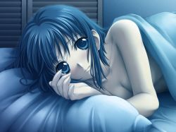 Rule 34 | 1girl, bed, blue eyes, blue hair, blush, breasts, cleavage, eien no aselia, eternity sword series, looking at viewer, lying, masaharu, matching hair/eyes, nude, on side, pillow, seinarukana, smile, solo