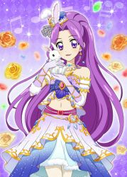 Rule 34 | aikatsu!, aikatsu! (series), blush, cat, dress, highres, kanzaki mizuki, long hair, ponytail, purple eyes, purple hair, smile