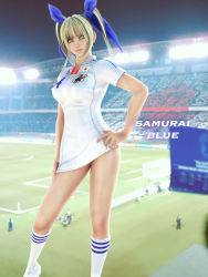 Rule 34 | 1girl, 3d, blonde hair, blue eyes, breasts, clothes writing, covered erect nipples, incise soul, japan, jersey, legs, m-rs, medium breasts, original, soccer, solo, sportswear, twintails, world cup