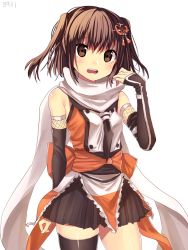 Rule 34 | 10s, 1girl, 8931ponzu, brown eyes, brown hair, cowboy shot, elbow gloves, fingerless gloves, gloves, hair ornament, kantai collection, necktie, open mouth, pleated skirt, scarf, sendai (kancolle), sendai kai ni (kancolle), simple background, single thighhigh, skirt, solo, thighhighs, two side up, white background