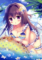 Rule 34 | 1girl, azumi kazuki, bikini, blush, breasts, brown hair, cameltoe, cleavage, cloud, female focus, flower, hair flower, hair ornament, highres, innertube, jewelry, long hair, looking at viewer, medium breasts, necklace, open mouth, sky, solo, swim ring, swimsuit, water, wet