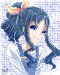 Rule 34 | 1girl, :t, blue eyes, blue hair, bow, collarbone, g tear, hair bow, heartcatch precure!, high ponytail, highres, kurumi erika, long hair, looking at viewer, overalls, pout, precure, shirt, sidelocks, solo, upper body, white shirt, yellow bow