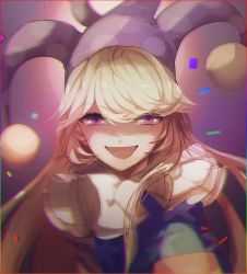 Rule 34 | 1girl, :d, bad id, bad twitter id, blonde hair, chromatic aberration, clownpiece, confetti, frilled shirt collar, frills, hat, jester cap, long hair, looking at viewer, no-kan, open mouth, pink eyes, shaded face, sidelocks, smile, solo, swept bangs, touhou, upper body, very long hair