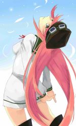 Rule 34 | 1girl, air gear, boots, breasts, goggles, green eyes, hat, highres, large breasts, long hair, nurupo (abooon), pink hair, school uniform, simca, smile, solo, thighhighs, very long hair