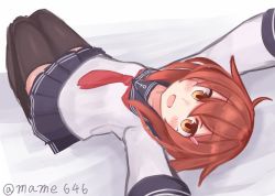 Rule 34 | 1girl, artist name, bad id, bad twitter id, black thighhighs, blush, brown hair, check commentary, commentary request, hair ornament, hairclip, ikazuchi (kancolle), kantai collection, looking at viewer, lying, on back, one-hour drawing challenge, open mouth, orange eyes, outstretched arms, pleated skirt, reitou mikan, school uniform, serafuku, short hair, skirt, smile, thighhighs