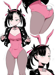 Rule 34 | 1girl, animal ears, ass, asymmetrical bangs, black hair, black nails, blush, breasts, choker, closed mouth, collarbone, creatures (company), earrings, eyebrows, fake animal ears, fingernails, flying sweatdrops, game freak, green eyes, hair ornament, hair ribbon, highres, jacket, jewelry, leotard, looking at viewer, marnie (pokemon), nail polish, nintendo, pantyhose, playboy bunny, pokemon, pokemon swsh, rabbit ears, rabbit tail, ribbon, shimure (460), stud earrings, sweat, tail, thick thighs, thighs, twintails