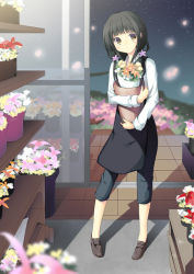Rule 34 | 1girl, apron, bad id, bad pixiv id, black apron, black hair, blurry, bouquet, brown eyes, capri pants, contrapposto, depth of field, employee uniform, flower, flower shop, full body, head tilt, indoors, loafers, long sleeves, looking at viewer, low twintails, murano, night, no socks, hugging object, open door, original, pants, petals, pigeon-toed, plant, potted plant, shadow, shelf, shoes, shop, short hair, sky, solo, standing, star (sky), starry sky, twintails, uniform