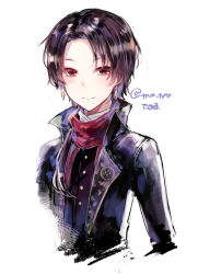 Rule 34 | 1boy, bad id, bad pixiv id, black jacket, brown hair, closed mouth, earrings, highres, ikeuchi tanuma, jacket, jewelry, kashuu kiyomitsu, long sleeves, looking at viewer, male focus, open clothes, open jacket, parted bangs, purple vest, red eyes, red scarf, scarf, simple background, smile, solo, touken ranbu, twitter username, upper body, vest, white background