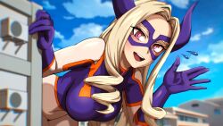Rule 34 | 1girl, absurdres, blonde hair, blush, boku no hero academia, breasts, building, giant, giantess, gloves, highres, horns, large breasts, long hair, mask, mount lady, open mouth, pea-bean, pink eyes, salute, smile, sweatdrop