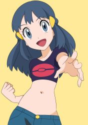 Rule 34 | 1girl, :d, alternate costume, black hair, clenched hand, commentary request, creatures (company), cropped shirt, dawn (pokemon), eyelashes, game freak, grey eyes, hainchu, hair ornament, hairclip, highres, long hair, looking at viewer, midriff, navel, nintendo, open mouth, outstretched arm, pants, poke ball print, pokemon, pokemon (anime), pokemon dppt (anime), purple shirt, shirt, short sleeves, simple background, smile, solo, tongue, yellow background