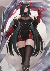 Rule 34 | 1girl, azur lane, bare shoulders, black hair, black thighhighs, blush, breasts, cleavage, closed mouth, dress, friedrich der grosse (azur lane), gloves, hair over one eye, hayabusa (vert 320), highres, horn ornament, horns, large breasts, long hair, looking at viewer, mechanical horns, red gloves, red horns, see-through, smile, solo, thighhighs, very long hair, yellow eyes