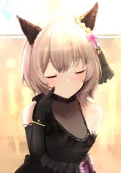 Rule 34 | 1girl, absurdres, animal ears, bare shoulders, black dress, black gloves, blush, cleavage, closed eyes, commentary request, curren chan (sakutsuki ma cherie) (umamusume), curren chan (umamusume), dress, ear covers, elbow gloves, finger to cheek, gloves, highres, horse ears, horse girl, light brown hair, official alternate costume, see-through, see-through cleavage, sleeveless, sleeveless dress, solo, the promised time: silks &amp; three riddles (umamusume), umamusume, wnaph