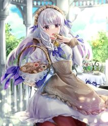 Rule 34 | 1girl, apron, basket, blue ribbon, blue sky, brown apron, brown wrist cuffs, chocolate chip cookie, cloud, cookie, cup, day, dress, fire emblem, fire emblem: three houses, fire emblem heroes, food, hair ribbon, hand up, holding, holding basket, holding food, leg up, light particles, long hair, lysithea von ordelia, lysithea von ordelia (tea party), maid headdress, nintendo, open mouth, outdoors, pantyhose, pillar, pink eyes, red pantyhose, ribbon, saucer, sky, solo, table, tablecloth, teacup, teapot, teeth, upper teeth only, white dress, white hair, wrist cuffs, yuyu (spika)