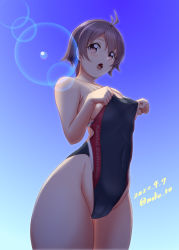 Rule 34 | 1girl, backlighting, black one-piece swimsuit, blue background, cameltoe, clothes pull, clothes writing, commentary request, competition swimsuit, copyright name, cowboy shot, dated, from below, gradient background, highleg, highleg swimsuit, kantai collection, lens flare, looking at viewer, moke ro, one-piece swimsuit, one-piece swimsuit pull, purple eyes, purple hair, sakawa (kancolle), short hair, solo, standing, swimsuit, thighs, twitter username