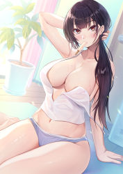 Rule 34 | 1girl, arm behind head, black hair, breasts, cleavage, collarbone, food, highres, himamo, hot, large breasts, long hair, midriff, mole, mole on breast, mouth hold, navel, off shoulder, orange eyes, original, plant, popsicle, sitting, solo, sweat, thighs