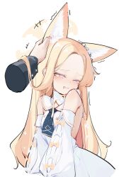 Rule 34 | +++, 1boy, 1girl, animal ear fluff, animal ears, bare shoulders, blonde hair, blue archive, blush, detached sleeves, disembodied limb, dress, extra ears, fox ears, halo, highres, long hair, one eye closed, open mouth, painterliuhao, seia (blue archive), simple background, solo focus, white background, white dress, white sleeves, yellow eyes, yellow halo