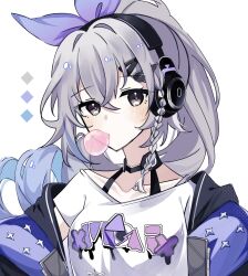 Rule 34 | 1girl, blowing bubbles, blue hair, blush, bow, braided sidelock, chewing gum, collarbone, color guide, crossed bangs, grey hair, hair between eyes, hair bow, halter shirt, halterneck, headset, high ponytail, highres, honkai: star rail, honkai (series), jacket, long hair, long sleeves, looking at viewer, multicolored hair, off shoulder, open clothes, open jacket, portrait, print shirt, purple bow, purple jacket, shirt, short sleeves, silver wolf (honkai: star rail), silver wolf (samsung) (honkai: star rail), simple background, solo, streaked hair, t-shirt, tyako gsn, white background, white shirt