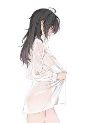 Rule 34 | 1girl, ahoge, black hair, blush, bottomless, breasts, commentary request, dress shirt, female focus, grey eyes, haijin, long hair, medium breasts, messy hair, naked shirt, nipples, no bra, no panties, open clothes, open shirt, original, popoccpo, see-through, shirt, simple background, solo, white background, white shirt