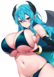 Rule 34 | 1girl, :o, absurdres, bikini, blue bikini, blue hair, bracelet, breast hold, breasts squeezed together, breasts, clothing cutout, demon girl, demon horns, demon wings, elbow gloves, gloves, heart cutout, highres, horns, huge breasts, jewelry, long hair, looking at viewer, nail polish, navel, original, pointy ears, red eyes, simple background, skindentation, solo, suruga (xsurugax), swimsuit, underboob, white background, wings