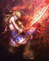 Rule 34 | 1girl, absurdres, angry, blonde hair, blue skirt, boots, bow, brown footwear, clenched teeth, commentary request, cookie (touhou), cross-laced footwear, flaming sword, flaming weapon, full body, glint, hair bow, highres, holding, holding sword, holding weapon, horn bow, horn ornament, horn ribbon, horns, ibuki suika, katana, large bow, long hair, looking at viewer, niwarhythm, red bow, red eyes, ribbon, shirt, skirt, sleeveless, sleeveless shirt, solo, sword, teeth, torn clothes, torn sleeves, touhou, weapon, white shirt, yamin (cookie)