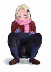 Rule 34 | 1girl, black socks, blonde hair, blue eyes, blue gloves, blue socks, blush, bow, bow panties, brown footwear, clothes lift, embarrassed, female focus, forehead, full body, gloves, hair ornament, hairclip, half-closed eyes, hands up, headphones, jacket, kneehighs, lifted by self, long hair, looking away, looking to the side, lunalu9, original, panties, panties under pantyhose, pantyhose, peeing, peeing self, pink panties, pink scarf, polka dot, polka dot panties, public indecency, puddle, purposeful wetting, red jacket, scarf, shoes, simple background, skirt, skirt lift, socks, solo, squatting, thighband pantyhose, underwear, wet, wet clothes, wet panties, white background, winter clothes