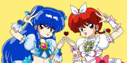 Rule 34 | 2girls, :p, alternate color, blouse, blue eyes, blue hair, blue shirt, blue skirt, bow, braid, brooch, choker, choko (20040421), cosplay, crop top, cure rhythm, cure rhythm (cosplay), cure sunshine, cure sunshine (cosplay), cyocomi3, double bun, dress, earrings, flower, genderswap, genderswap (mtf), hair bun, hair flower, hair ornament, hair ribbon, heart, heart brooch, heartcatch precure!, jewelry, long hair, looking at viewer, magical girl, midriff, multiple girls, navel, official style, open mouth, precure, puffy short sleeves, puffy sleeves, ranma-chan, ranma 1/2, red eyes, red hair, ribbon, saotome ranma, shampoo (ranma 1/2), shirt, short sleeves, simple background, single braid, skirt, smile, standing, suite precure, symmetrical hand pose, tongue, tongue out, twintails, upper body, w, white choker, white dress, white ribbon, wristband, yellow background