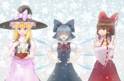 Rule 34 | 3girls, apron, arm grab, ascot, blonde hair, blue hair, bow, bowl, brown eyes, brown hair, chopsticks, cirno, closed eyes, crossed arms, detached sleeves, dress, facing viewer, food, gin fuaru, gradient background, hair bow, hair tubes, hakurei reimu, hands on own hips, hat, hat ribbon, highres, kirisame marisa, long hair, looking at another, looking at viewer, midriff, multiple girls, noodles, open mouth, puffy short sleeves, puffy sleeves, ribbon, short hair, short sleeves, skirt, skirt set, snowflakes, touhou, vest, waist apron, wings, witch hat, yellow eyes