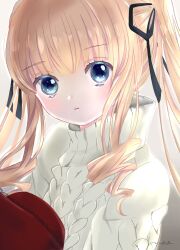 Rule 34 | 1girl, absurdres, artist name, black ribbon, blonde hair, blue eyes, commentary request, drill hair, hair ribbon, highres, long hair, mao (amulet ma), open mouth, ribbon, rozen maiden, shinku, signature, solo, sweater, turtleneck, turtleneck sweater, twintails, upper body, white sweater
