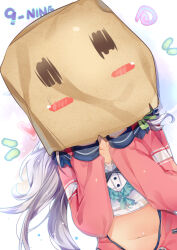 Rule 34 | 1girl, 9-nine-, absurdres, bag over head, blush stickers, cardigan, chinese commentary, collarbone, commentary request, copyright name, crop top, frilled crop top, green ribbon, grey hair, hair ribbon, hands up, heart, highres, imoe (1017933989), long hair, navel, niimi sora, red cardigan, ribbon, simple background, sleeves past wrists, solo, stomach, very long hair, wavy hair, white background, | |