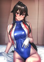 Rule 34 | 1girl, arm support, bare shoulders, black hair, blush, brown eyes, competition swimsuit, embarrassed, gloves, hair between eyes, highres, kantai collection, kilye kairi, long hair, one-piece swimsuit, parted lips, ponytail, sitting, skin tight, skindentation, solo, swimsuit, yahagi (kancolle)
